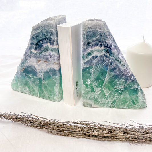 Fluorite green blue purple polished crystal bookend pair 3.4kg