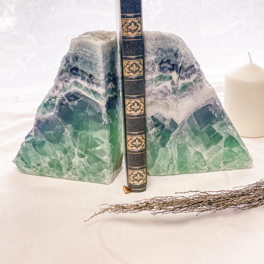 Fluorite green blue purple polished crystal bookend pair 3.4kg