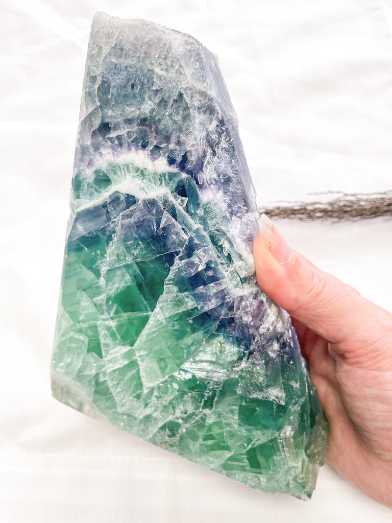 Fluorite green blue purple polished crystal bookend pair 3.4kg