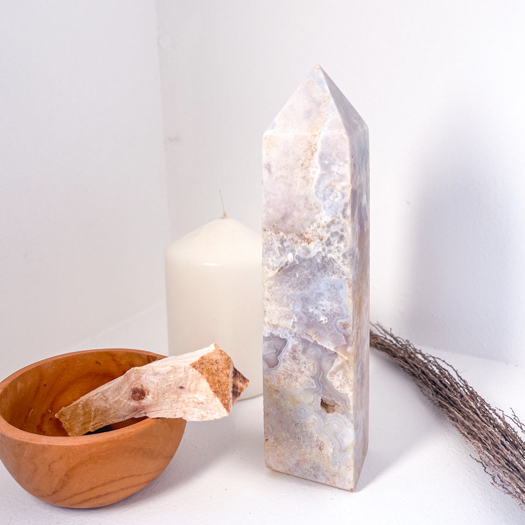 Flower agate + Pink Amethyst crystal generator tower