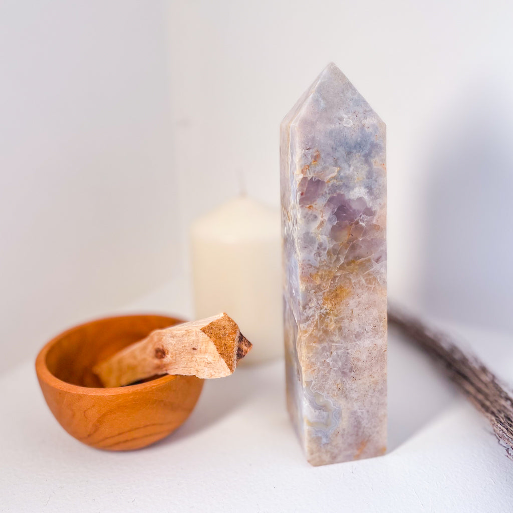 Flower agate + Pink Amethyst crystal generator tower