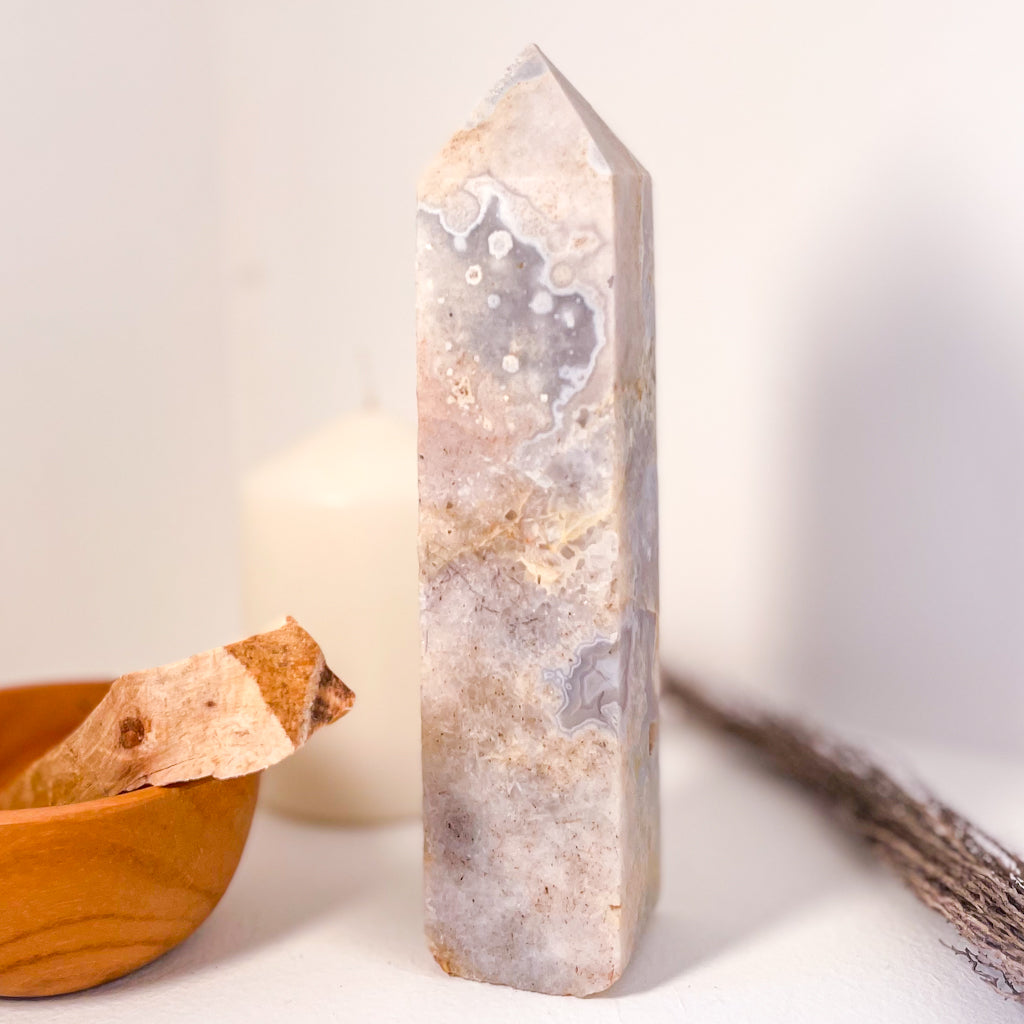 Flower agate + Pink Amethyst crystal generator tower