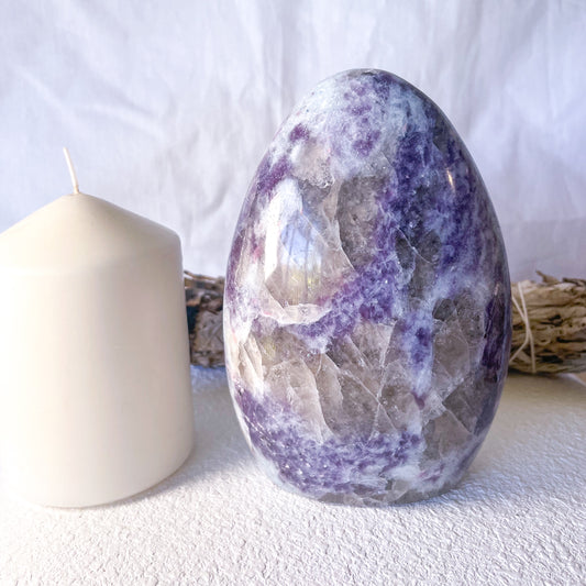 Lepidolite + Smoky quartz crystal freeform statue 1.1kg 14cm