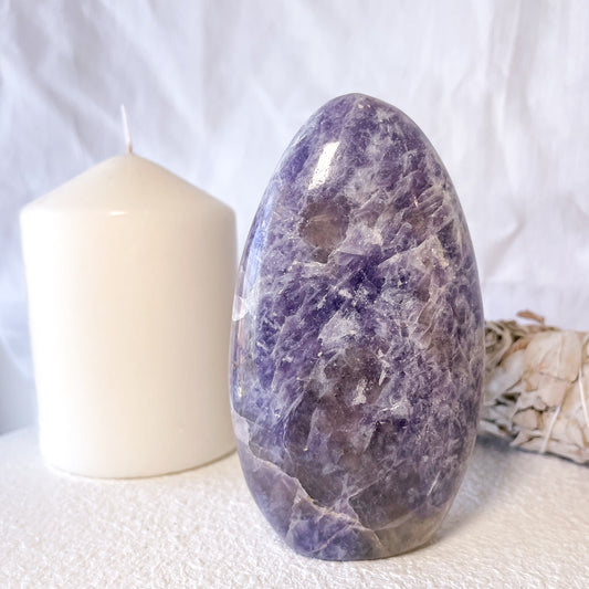 Lepidolite + Smoky quartz crystal freeform statue 11cm