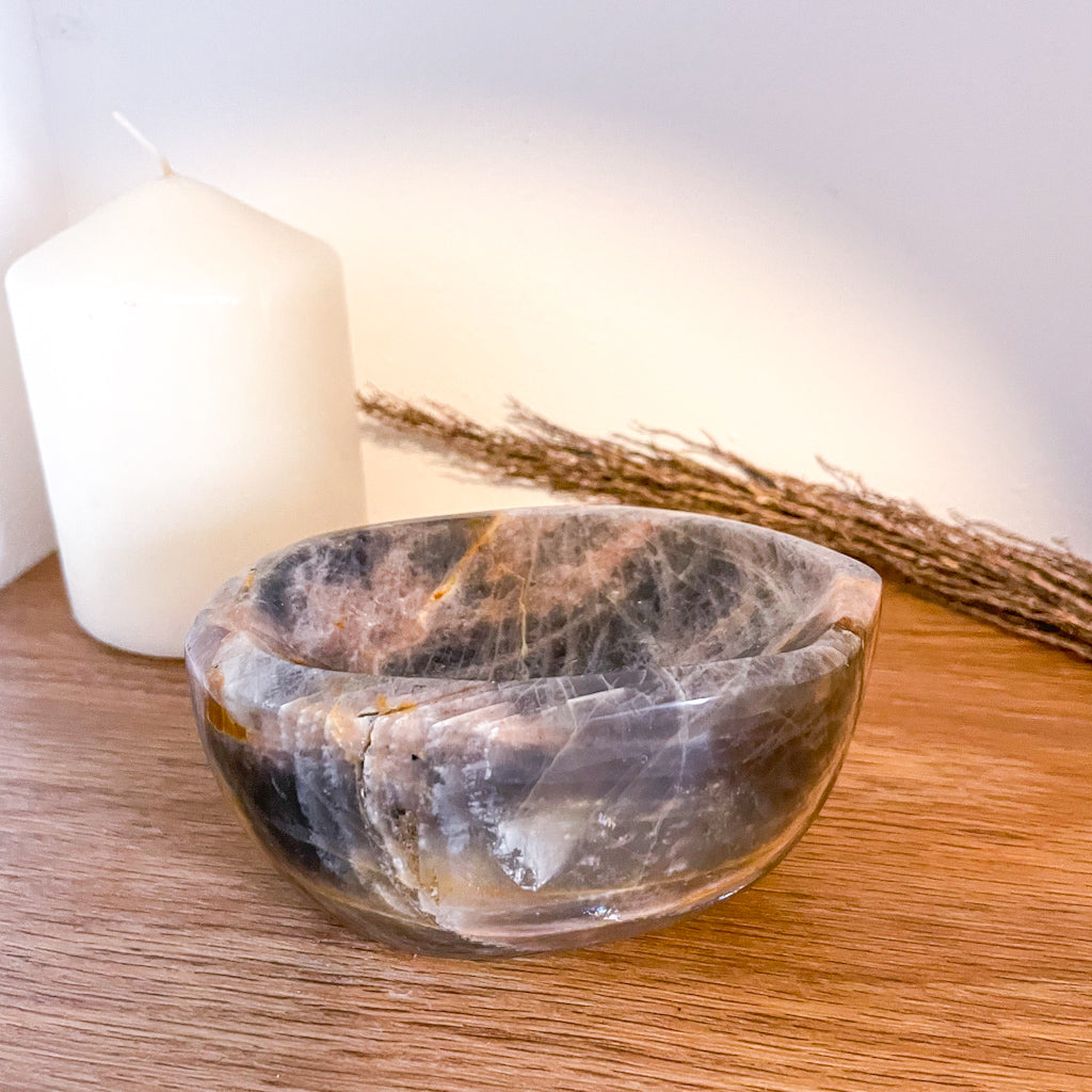 Moonstone black + peach crystal bowl