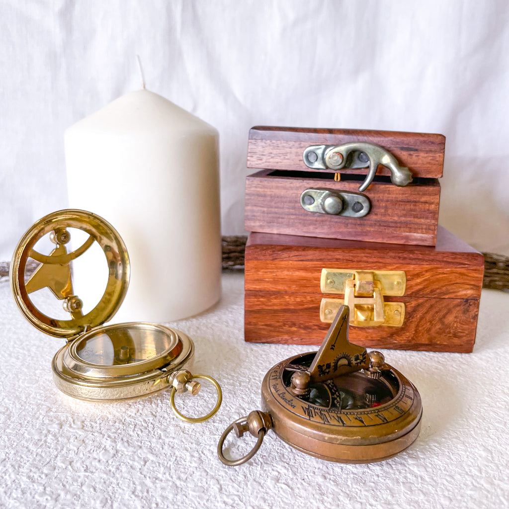 Antique brass compass, sundial and wooden box