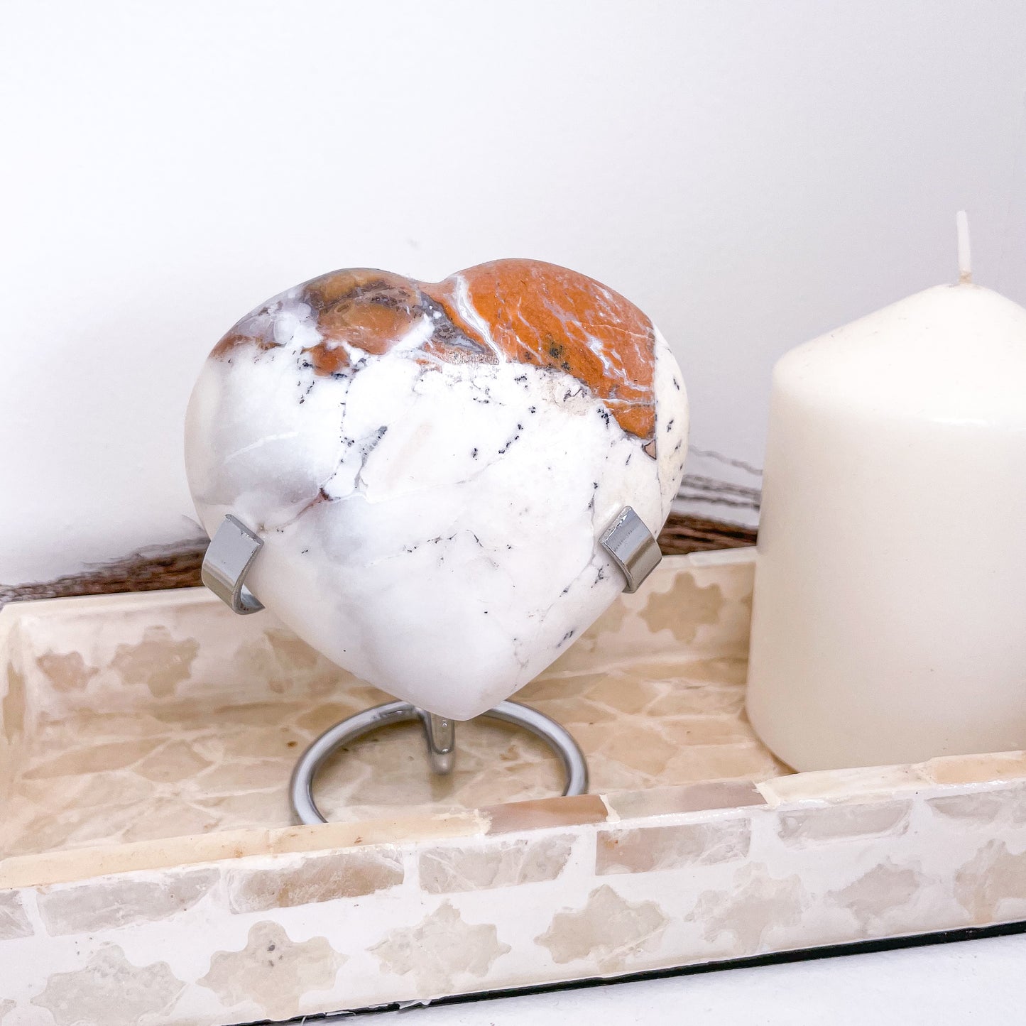 Dendritic Opal crystal polished heart L with stand