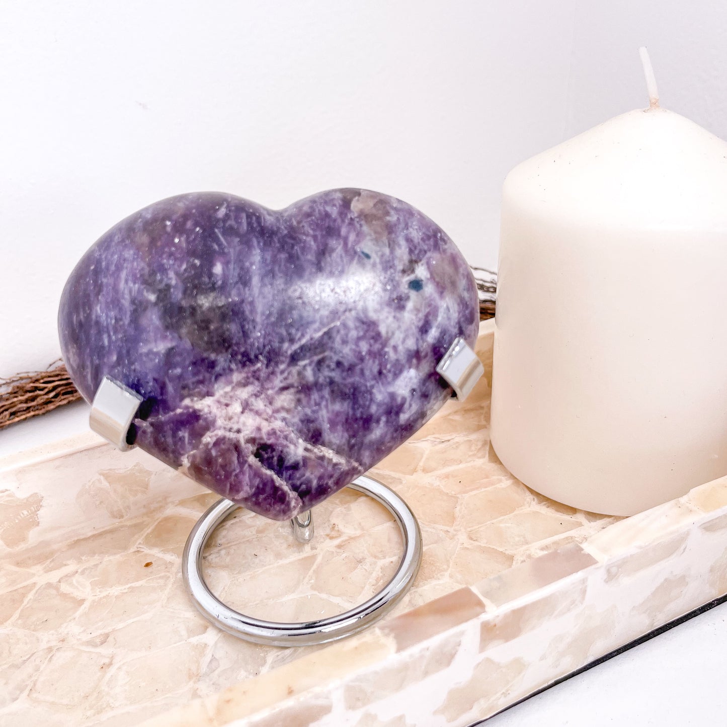 Lepidolite, Blue tourmaline + Smoky quartz crystal heart with stand