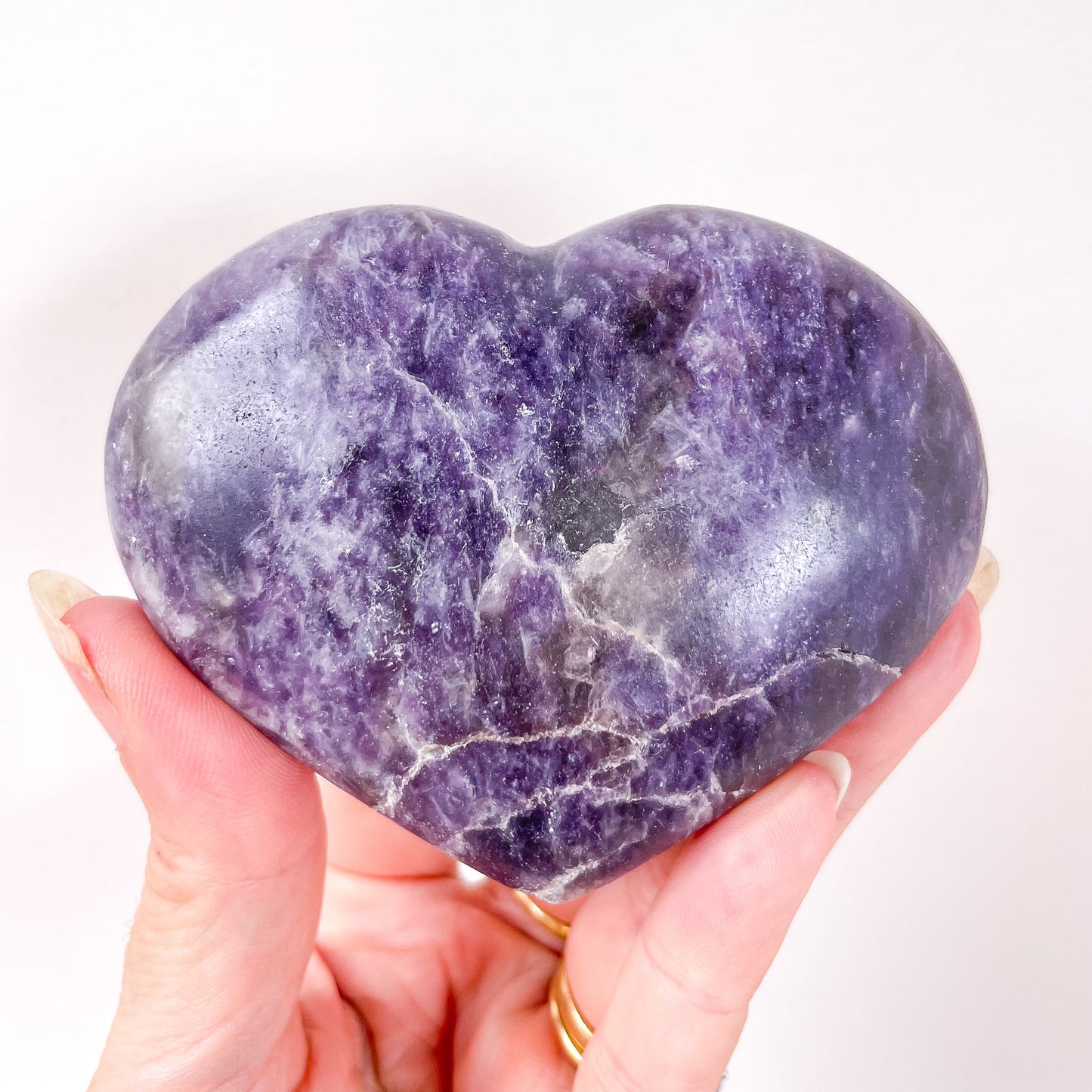 Lepidolite, Blue tourmaline + Smoky quartz crystal heart with stand