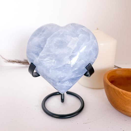 Blue Calcite rainbow inclusion crystal heart XL with stand