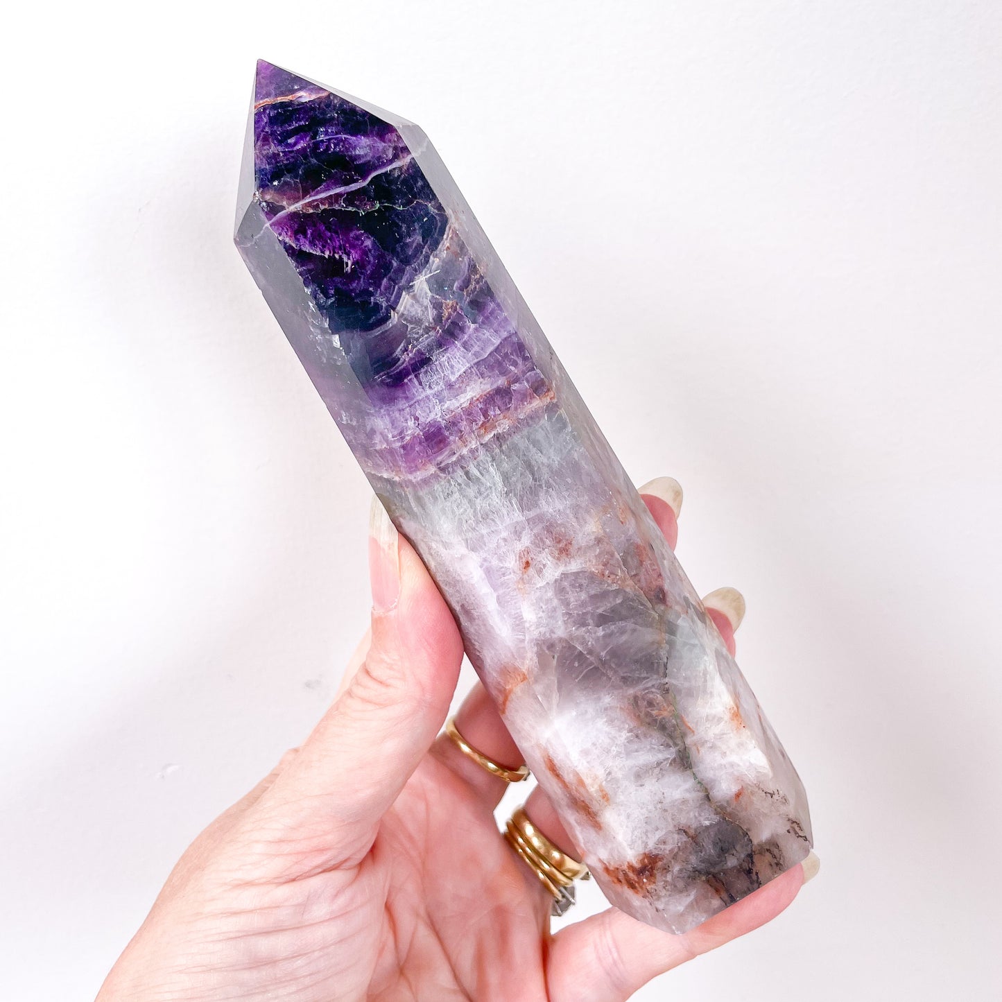 Fluorite purple rainbow crystal polished generator tower 16cm