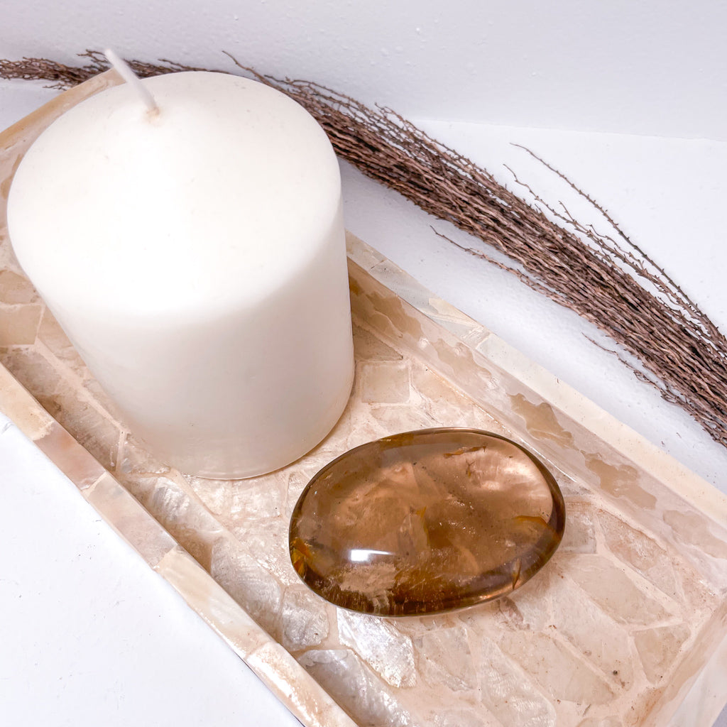 Smoky quartz with phantoms crystal large palm stone