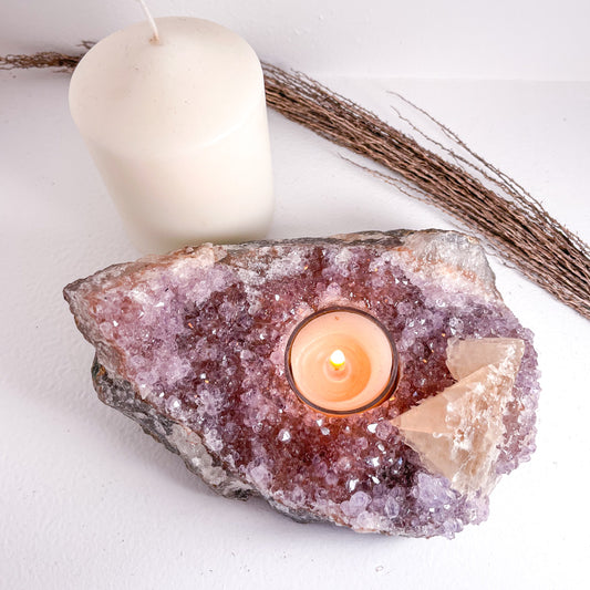 Amethyst + calcite crystal cluster candle holder XL 900g