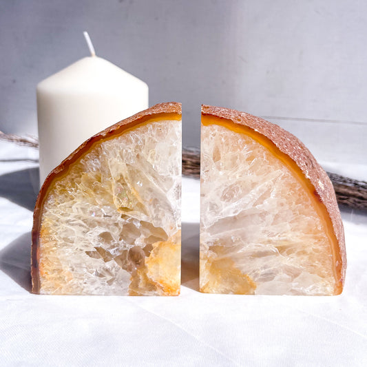 Golden healer quartz + agate crystal bookend pair