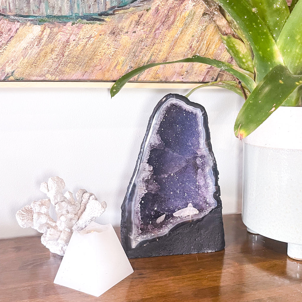 Amethyst, Clear Quartz + Blue Lace agate crystal geode cave cathedral 29cm XL