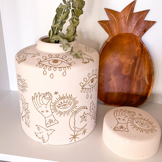 Bohemian luna handmade pottery vase jar with lid