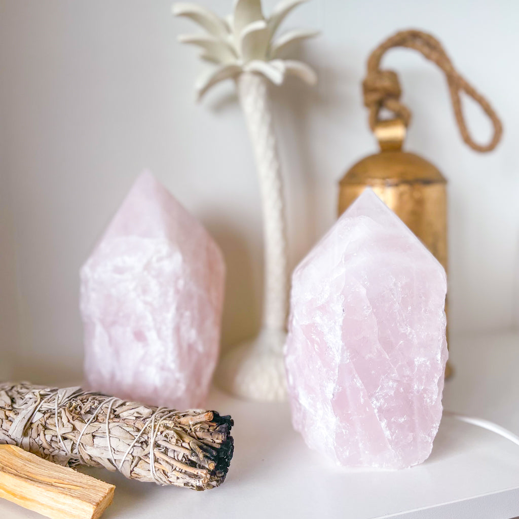 Rose quartz crystal lamp raw + polished generator tower