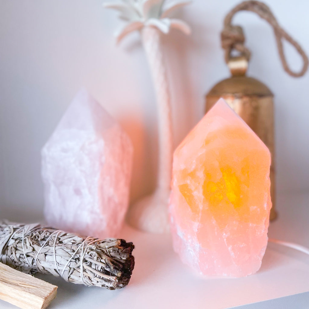 Rose quartz crystal lamp raw + polished generator tower