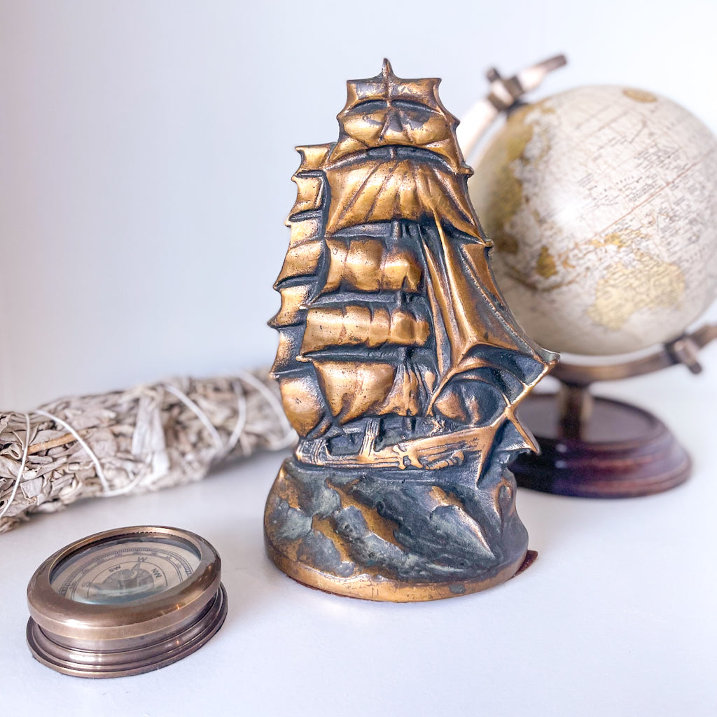 Antique brass ship bookend statue c. 1920s
