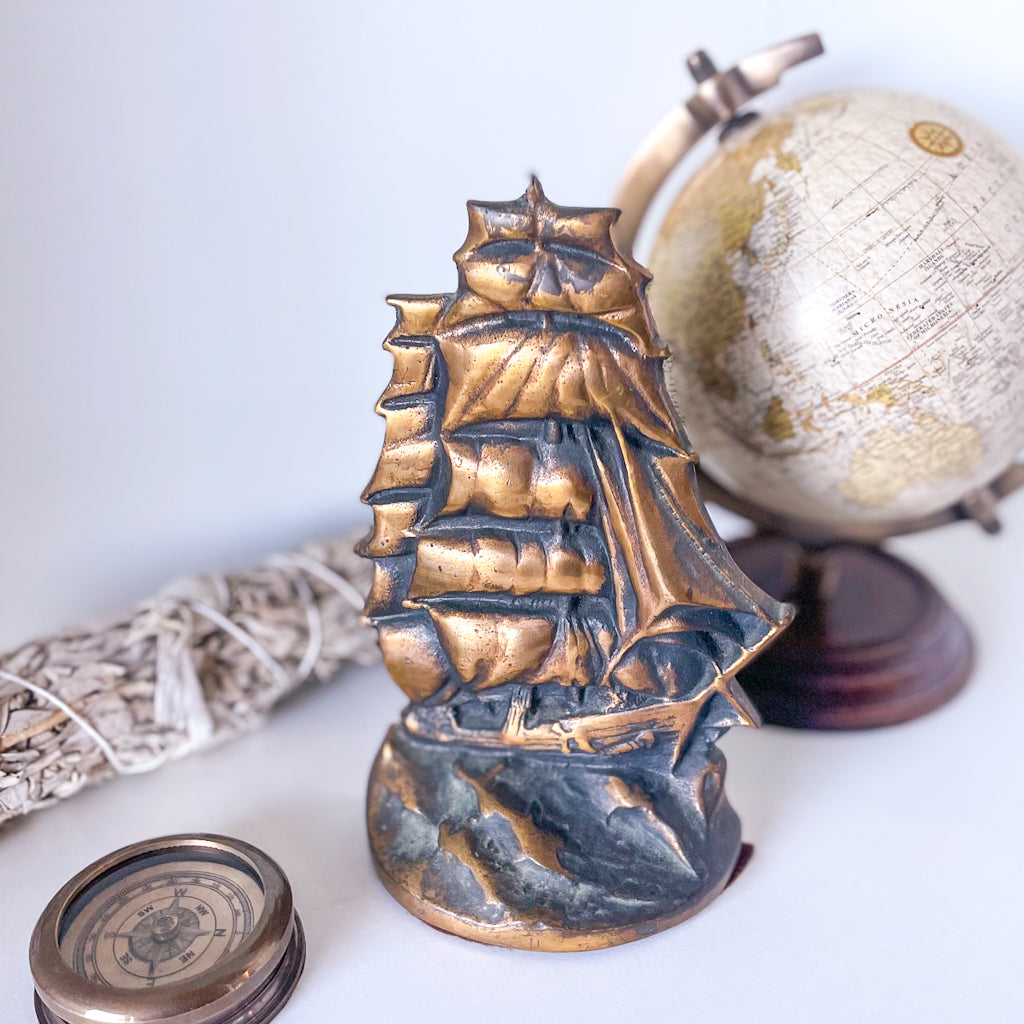 Antique brass ship bookend statue c. 1920s