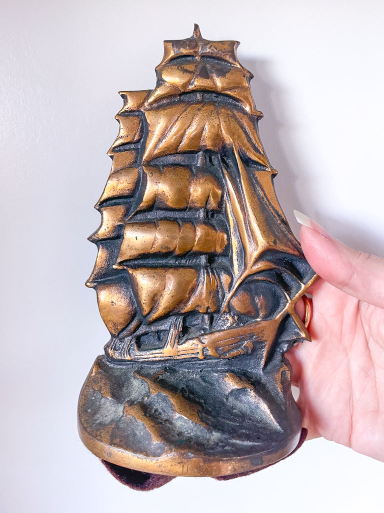 Antique brass ship bookend statue c. 1920s