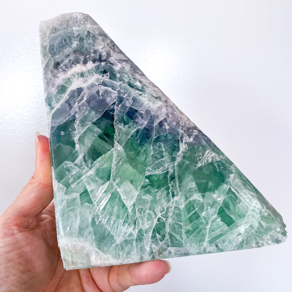 Fluorite green blue purple polished crystal bookend pair 3.4kg
