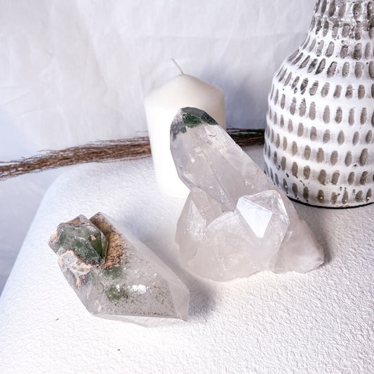 Phantom chlorite clear quartz crystal cluster point
