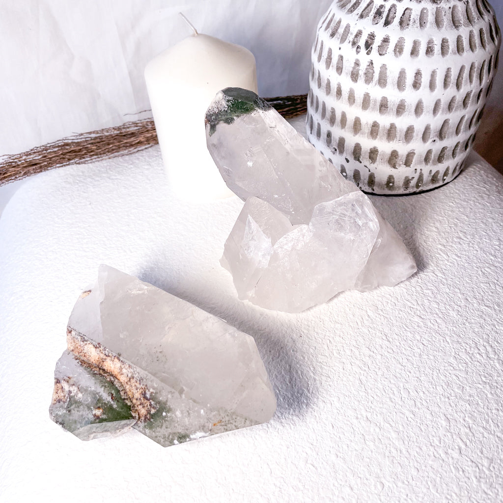 Phantom chlorite clear quartz crystal cluster point