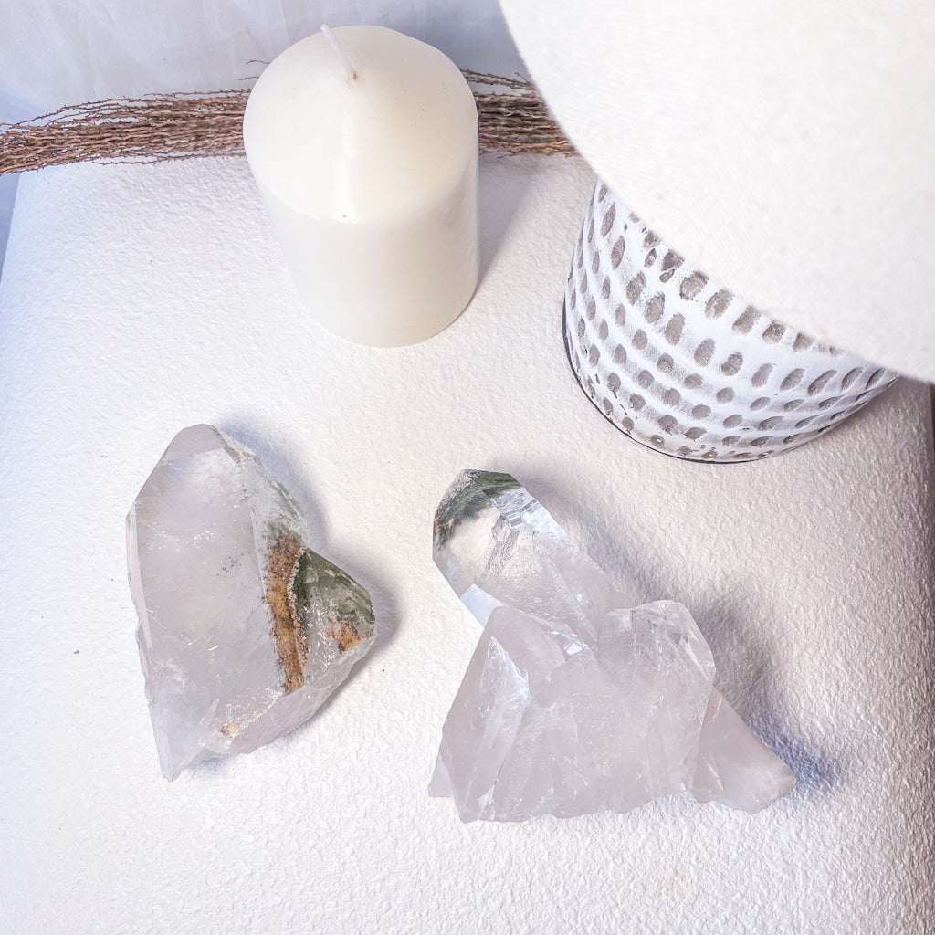 Phantom chlorite clear quartz crystal cluster point