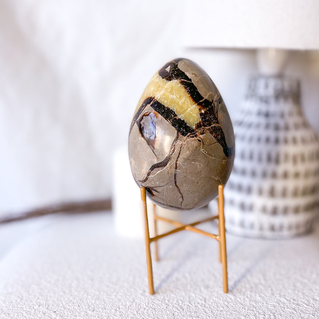 Septarian nodule crystal egg XL with gold stand