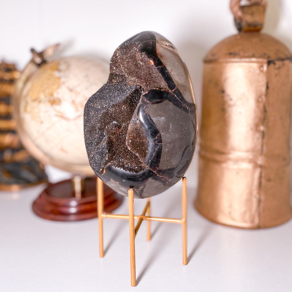 Septarian nodule druzy crystal egg XL with gold stand