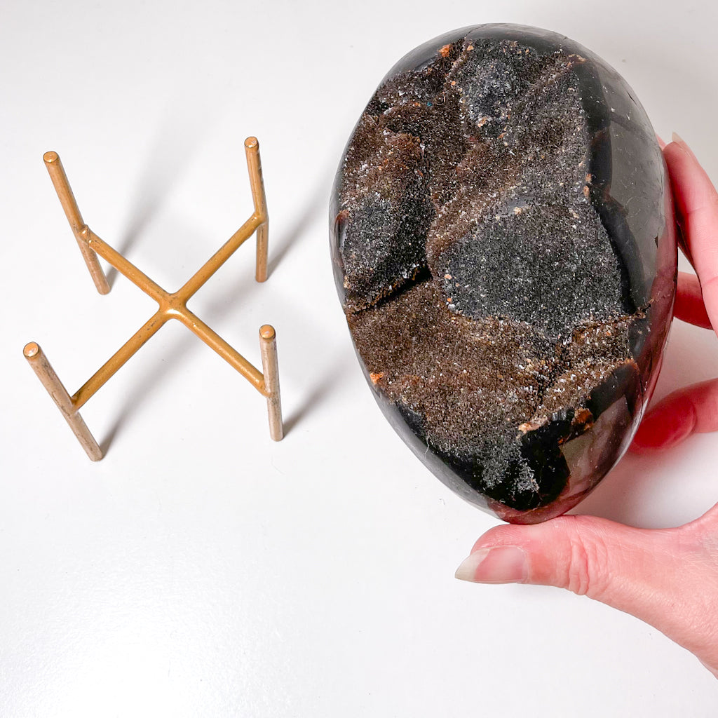 Septarian nodule druzy crystal egg XL with gold stand