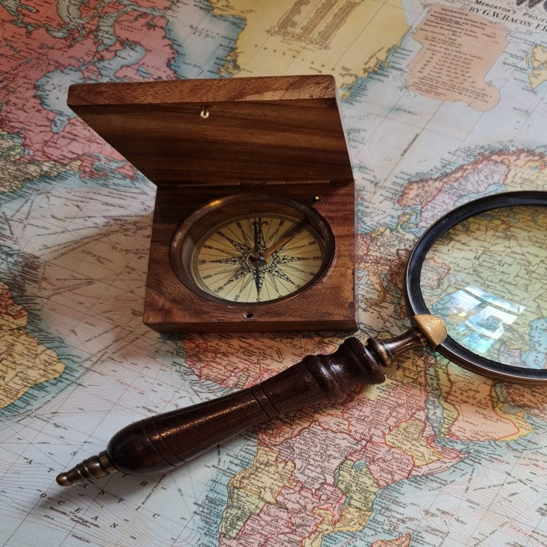 Antique wooden box compass