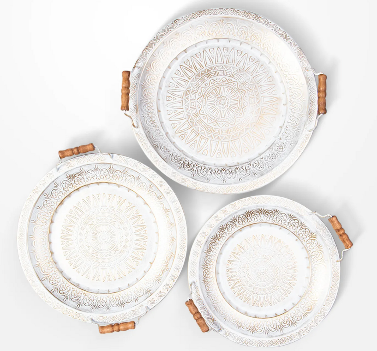 Pressed metal white washed brass tea tray with wooden handles