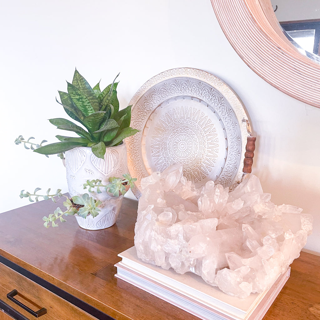Pressed metal white washed brass tea tray with wooden handles