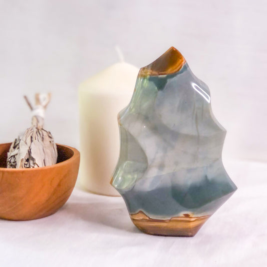 Polychrome jasper crystal flame statue L