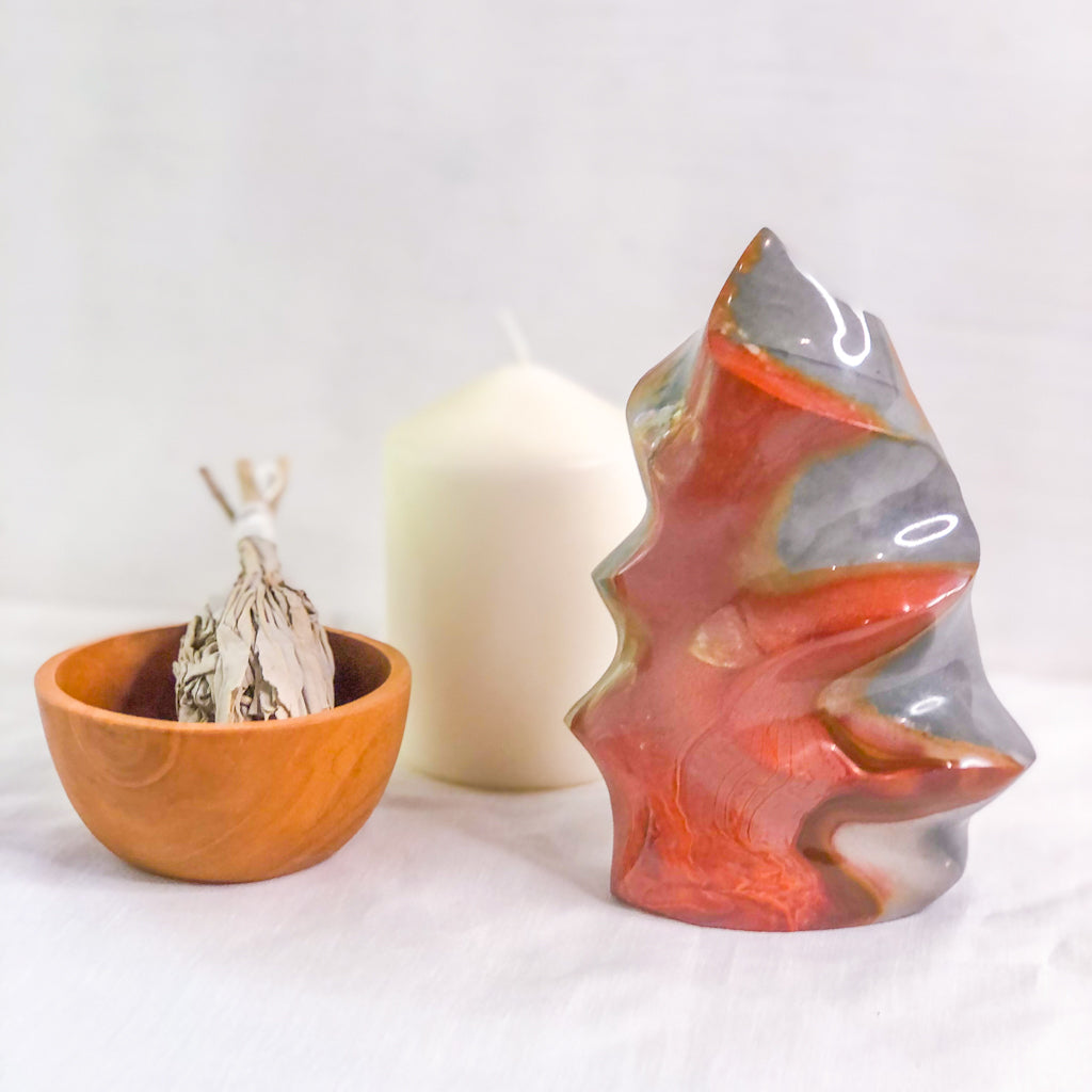 Polychrome jasper crystal flame statue XL