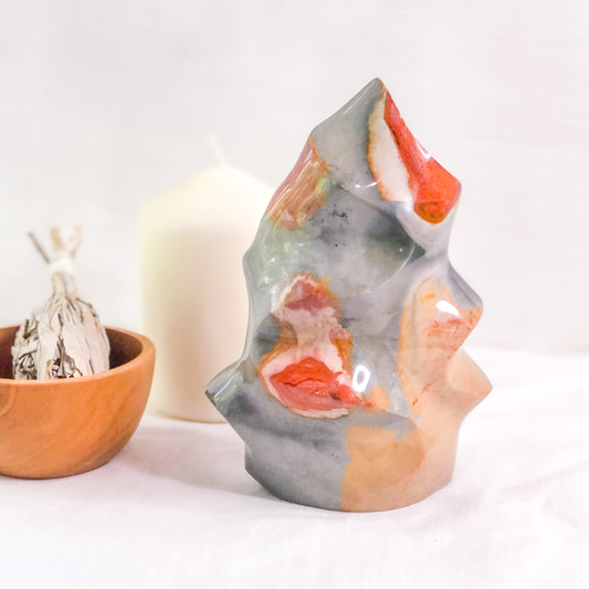 Polychrome jasper crystal flame statue XL