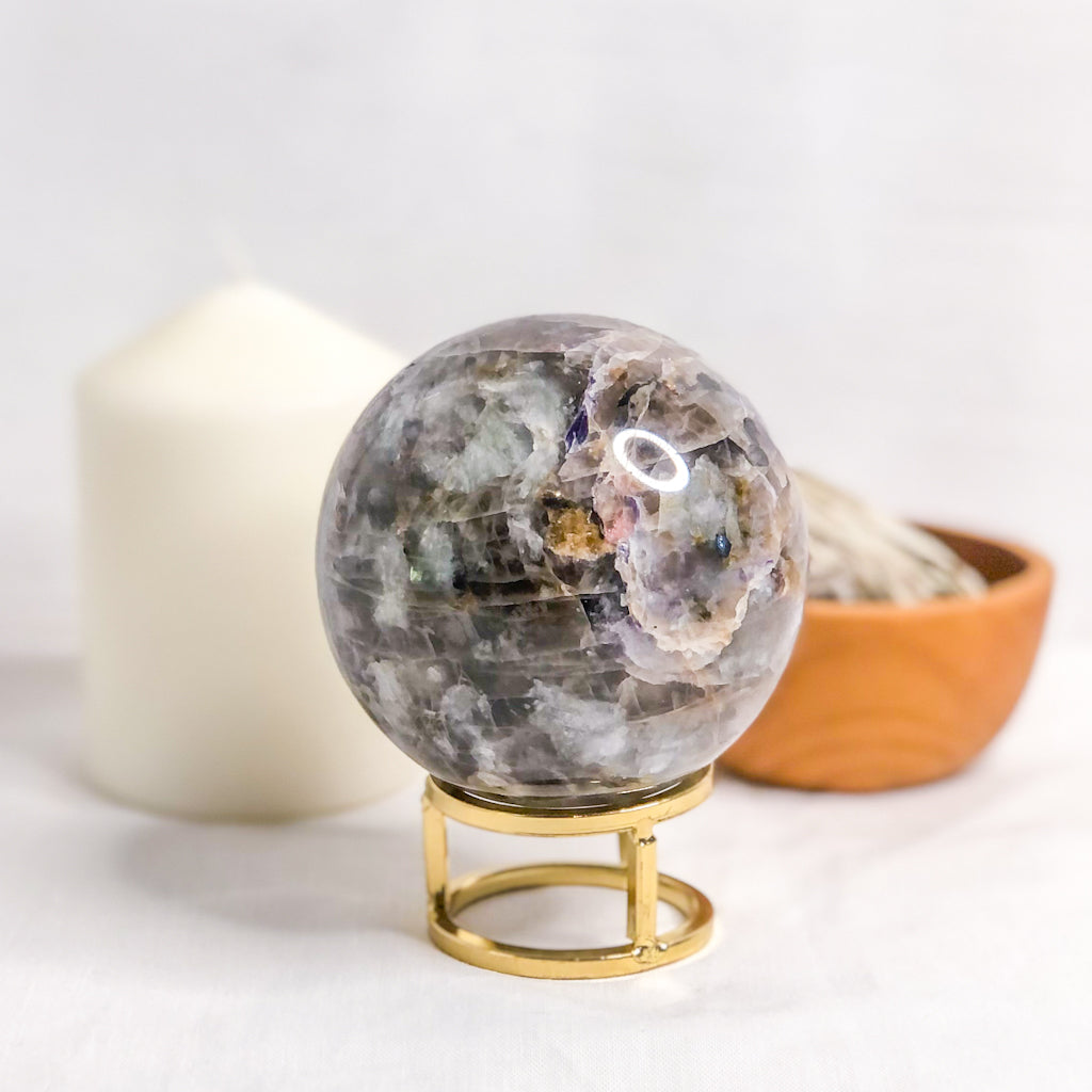 Lepidolite, Smoky Quartz, Tourmaline, Aquamarine + Charoite A grade crystal sphere