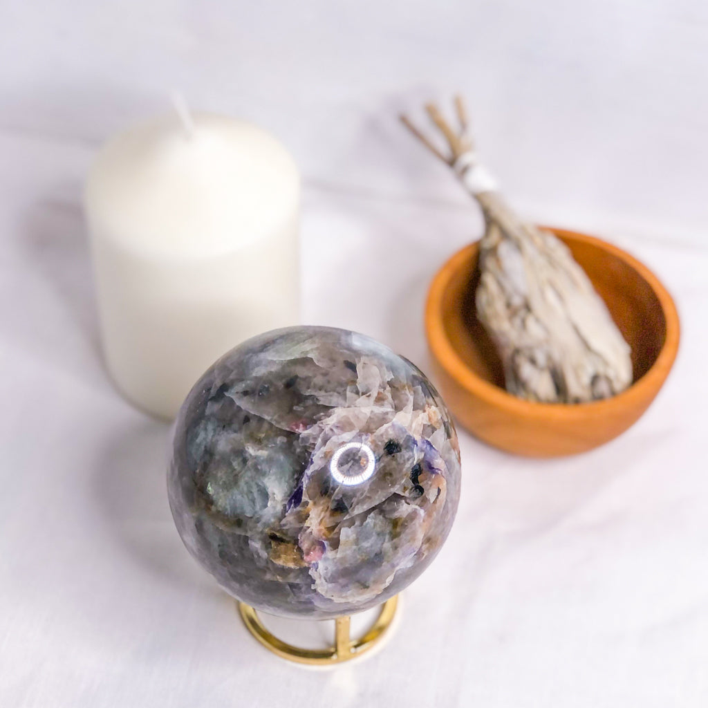Lepidolite, Smoky Quartz, Tourmaline, Aquamarine + Charoite A grade crystal sphere