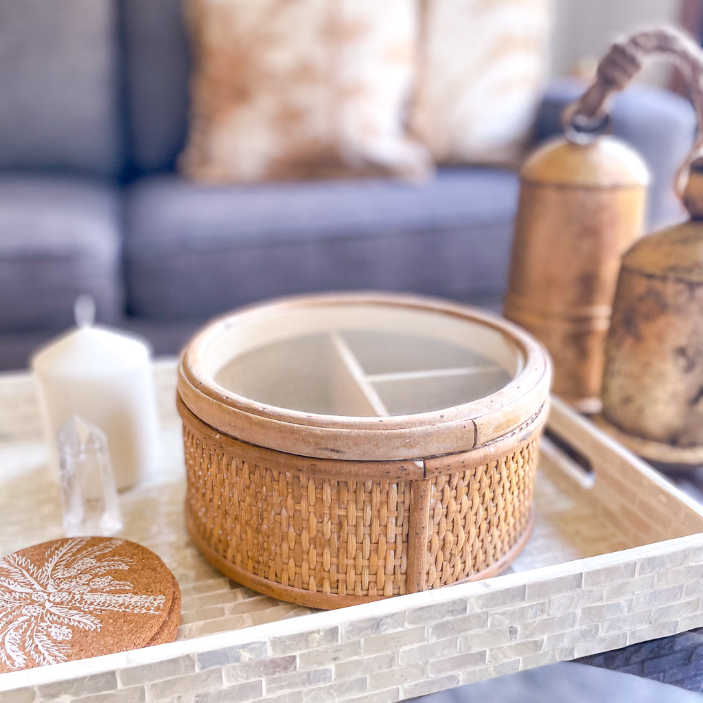 Rattan weave glass top round storage box