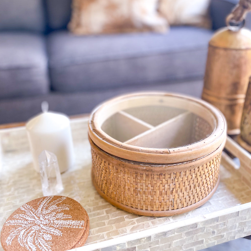 Rattan weave glass top round storage box