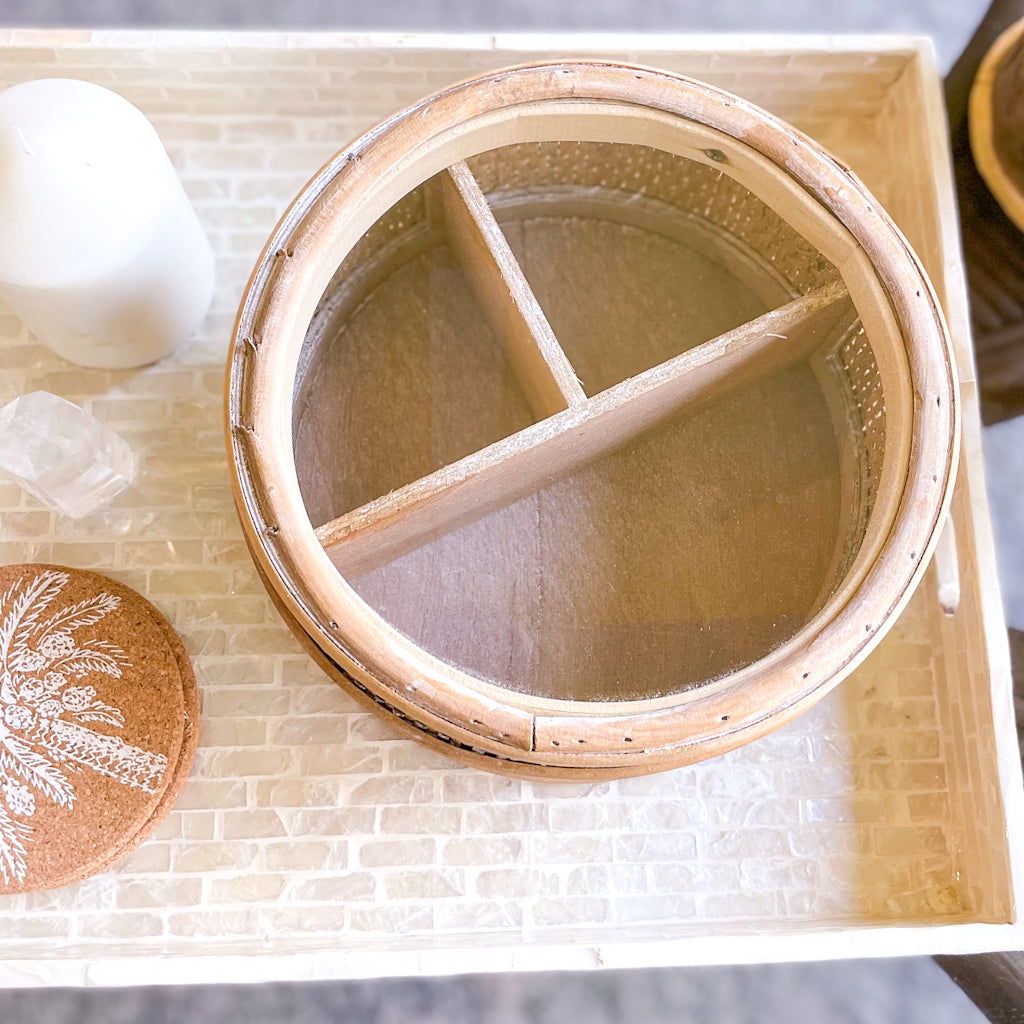 Rattan weave glass top round storage box