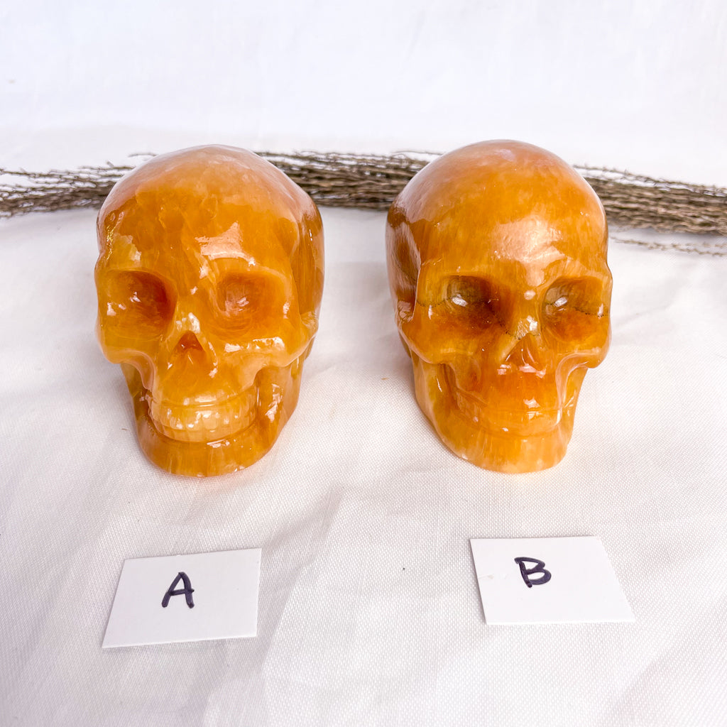 Calcite honey crystal skull carving