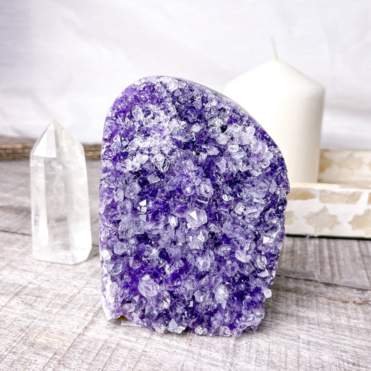 Amethyst crystal polished edge cluster 430g