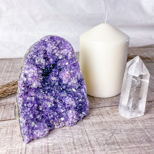 Amethyst crystal polished edge cluster 460g