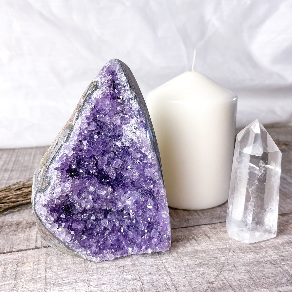 Amethyst crystal polished edge cluster 470g