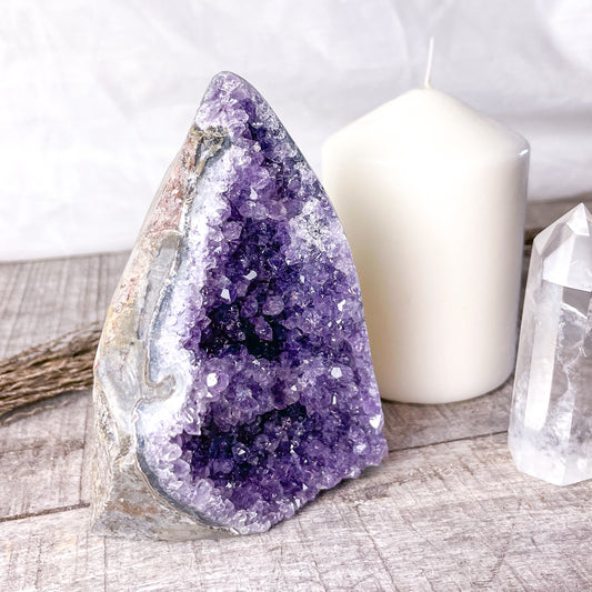 Amethyst crystal polished edge cluster 470g