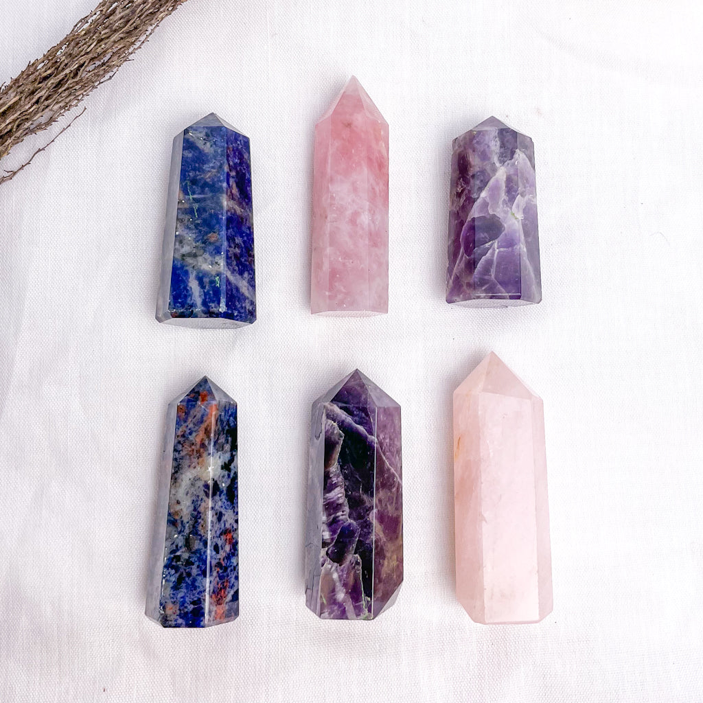 Trio of crystal towers - Rose quartz, Chevron Amethyst + Sodalite points bundle