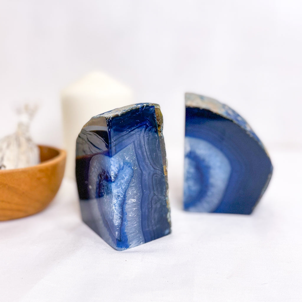 Coloured Agate crystal bookends blue